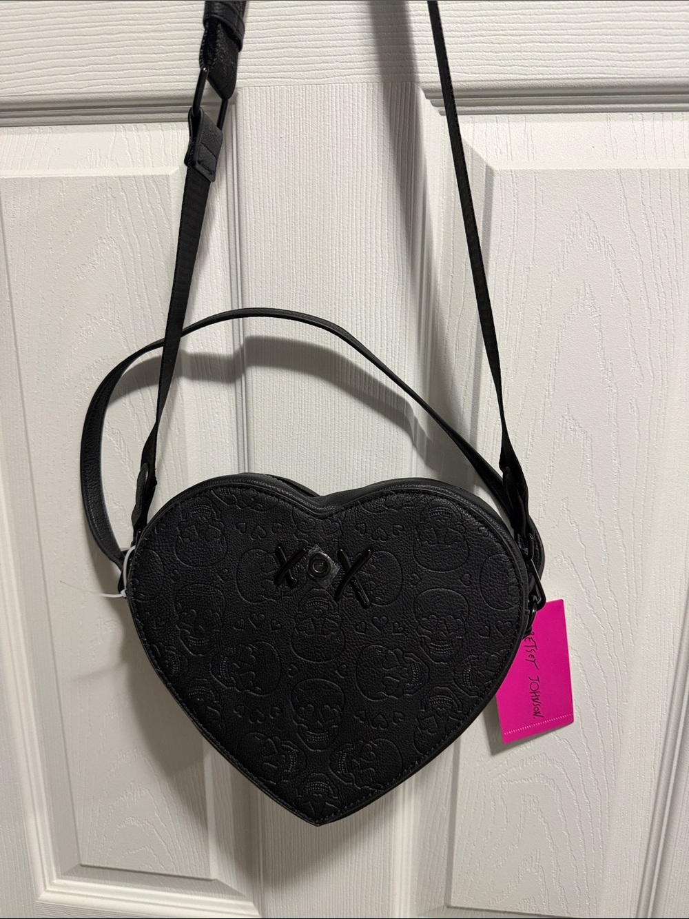 Betsey Johnson Black Heart-Shaped Crossbody with XOX + Skull Details